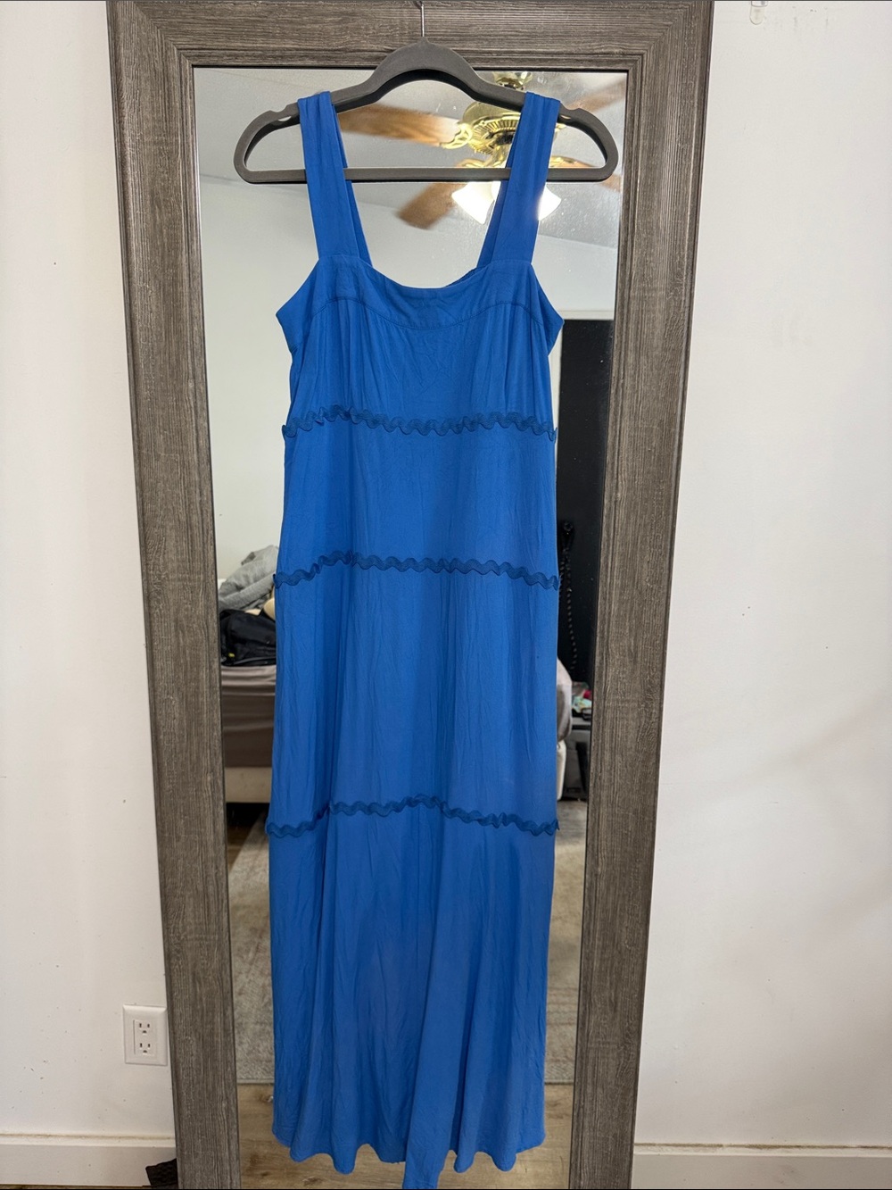 Bright Blue Sleeveless Maxi Dress with Scalloped Trim